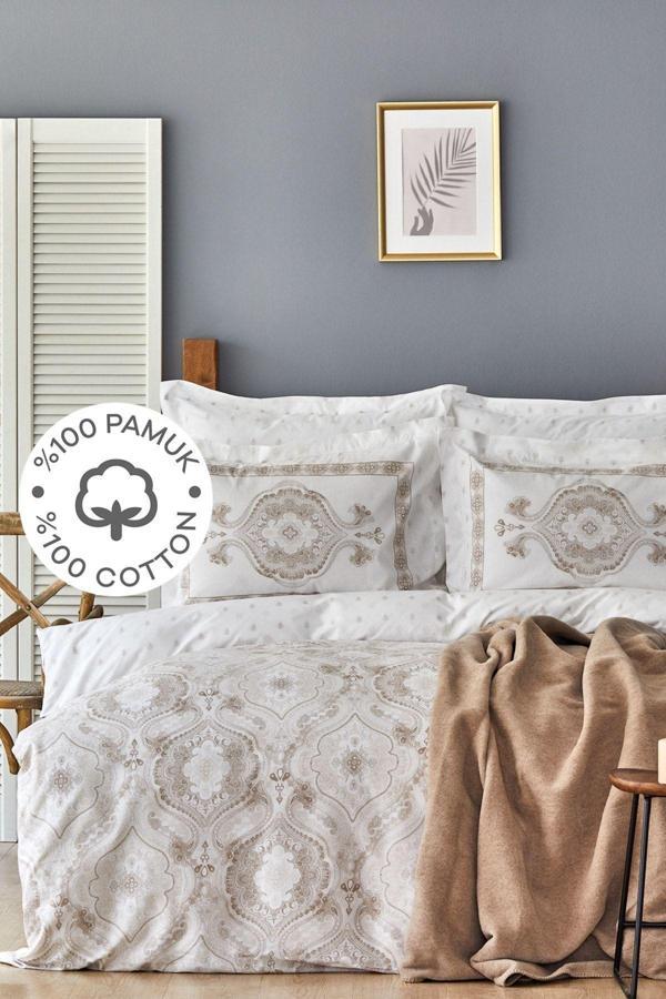 Karaca Home Arlen Bej Çift Kişilik %100 Pamuk Nevresim Takımı Battaniye Set - Image 1