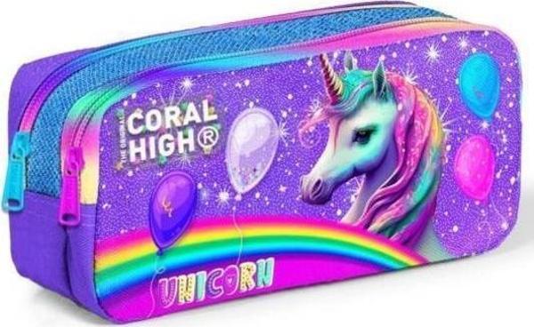 Coral High Kids Mor Pembe Simli Unicorn Desenli İki Bölmeli Kalem Çantası 12073 - Image 1