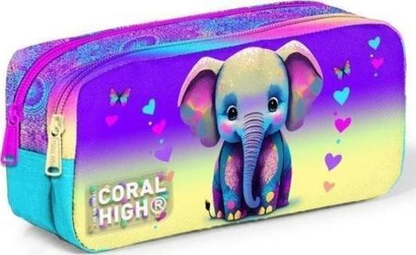 Coral High Kids Pembe Turkuaz Fil Desenli İki Bölmeli Kalem Çantası 12083 - Image 1