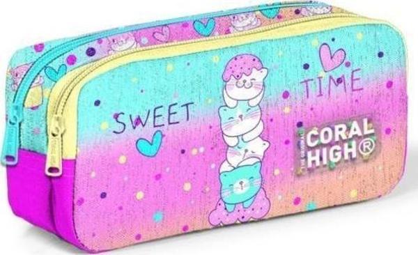 Coral High Kids Renkli Dondurmalı Kedi Desenli İki Bölmeli Kalem Çantası 12081 - Image 1