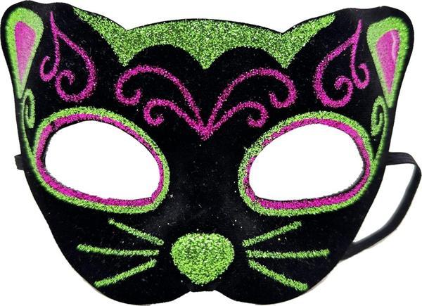 Siyah Kadife Kaplama Üzeri Pembe Yeşil Sim İşlemeli Kedi Maskesi 20x13 cm - Image 1