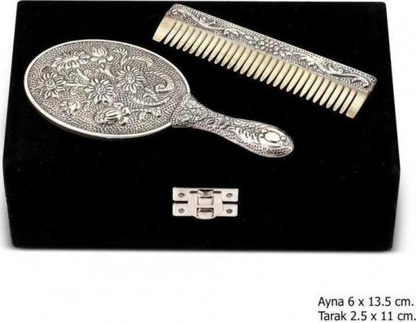 Papatya Motifli Ayna Tarak Gümüş Set - Image 1