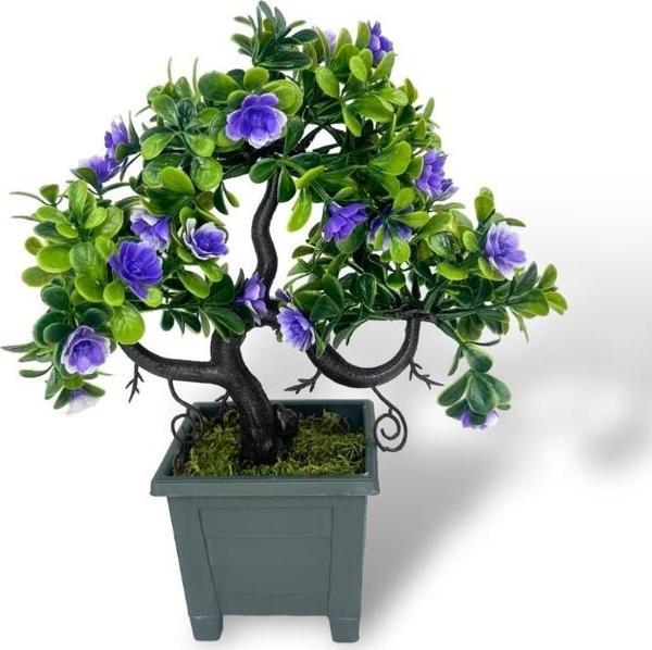 Netten Evime Yapay Çiçek Mor Çiçekli Bonsai Ağacı Dekoratif Yapay Ağaç Bonzai 29*24 cm Siyah Kare Saksıda - Image 1