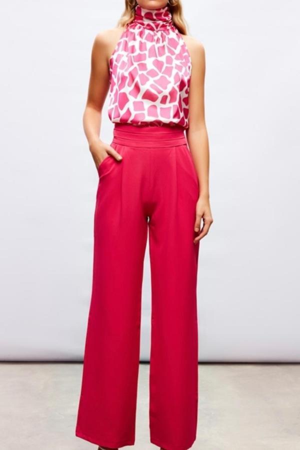 Kuşak detaylı cepli kumaş pantolon- Pembe renk - Image 1