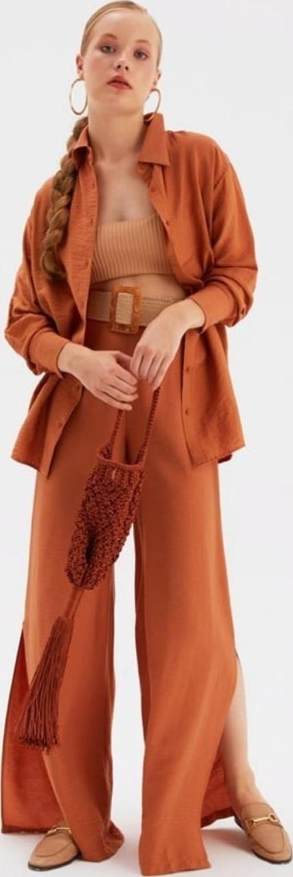Yırtmaçlı keten pantolon - taba renk - Image 1