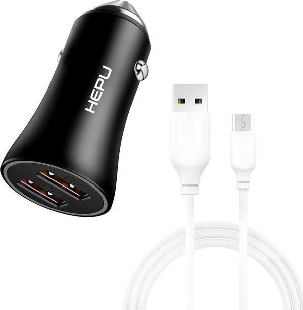 HEPU HP779M QC3.0 2x USB Metal Araç Şarj Aleti USB-Micro USB Kablo Set - Image 1