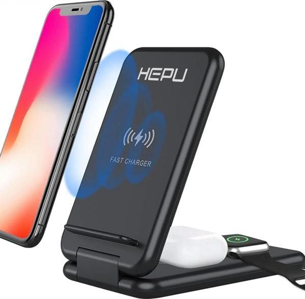 HEPU HP-W03 3in1 15W Hızlı Şarj Destekli Katlanabilir Kablosuz Şarj Standı - Image 1