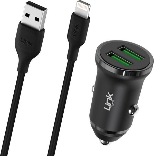 LinkTech C482e 12W 2x USB + Lightning USB Kablo Araç İçi Şarj Aleti Set Siyah - Image 1