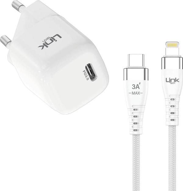 Linktech G821 Supper Silicon Tech 20W PD USB-C Seyahat Şarj Aleti Lightning Kablo Set Beyaz - Image 1