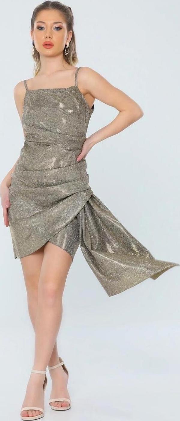 İp Askılı Simli Drapeli Abiye Elbise-gold simli - Image 1