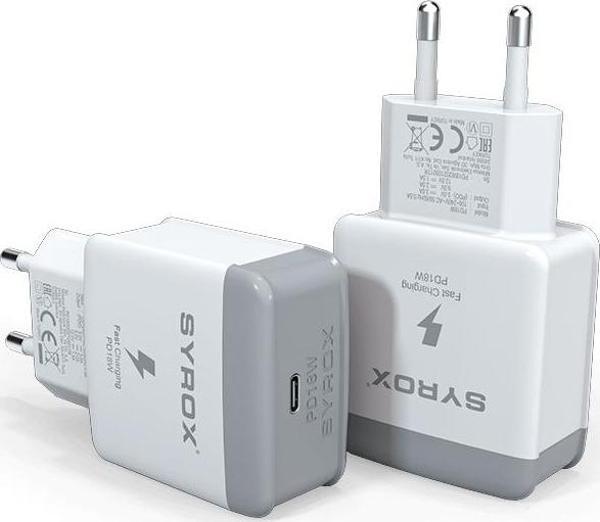 Syrox PD18B Type-C PD Çıkışlı Şarj Adaptörü (Başlık) 18W QC 3.0A Beyaz - Image 1
