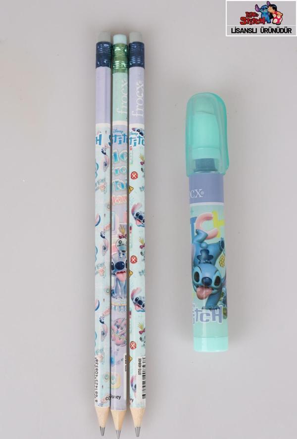 LİSANSLI STITCH 3 ADET SİLGİLİ KURŞUN KALEM VE ROKET SİLGİ KIRTASİYE SETİ - Image 1