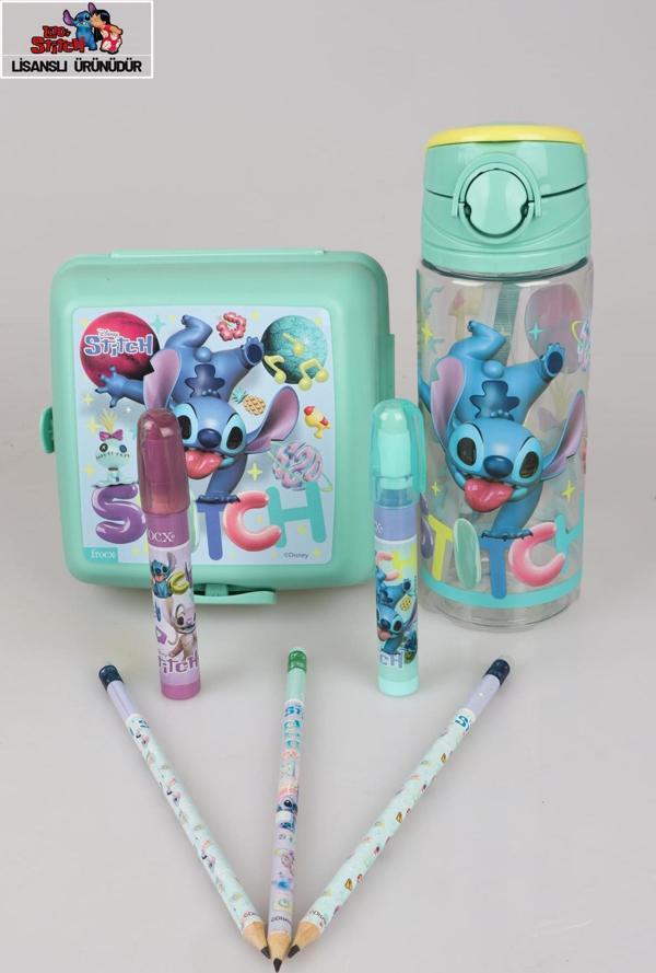 LİSANSLI STITCH 500 ML MATARA,BESLENME KABI,3 ADET SİLGİLİ KURŞUN KALEM VE 2 ADET ROKET SİLGİ KIRTASİYE SETİ - Image 1