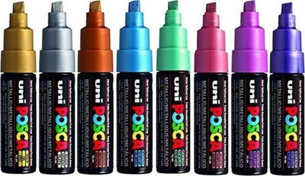 Uni-Ball Posca Su Bazlı Boyama Kalemi 8.0 Poster Markörü 8.0 Mm Metalik Renk 7+1 Renk Set pc-8k/7+1p.03 - Image 1