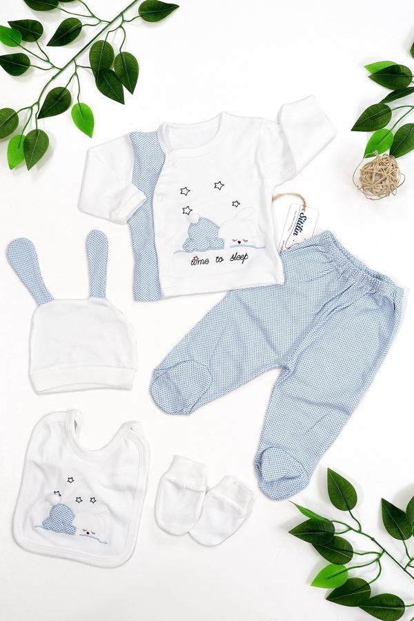 Erkek Bebek Mavi Pamuk Kumaş 5 Li işlemeli Lüks Hastane Çıkışı Seti STL6682 - Image 1