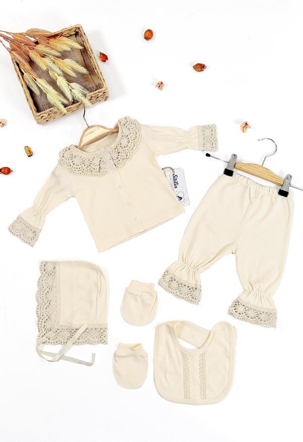 Kız Bebek Natural Pamuk Kumaş 5 Li Dantelli  Lüks Hastane Çıkışı Zıbın Seti STL6674 - Image 1