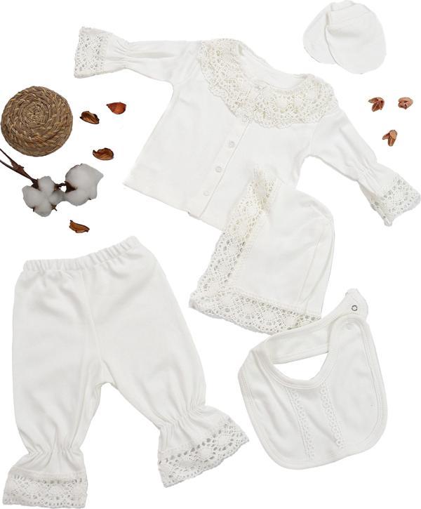 Kız Bebek Natural Pamuk Kumaş 5 Li Dantelli  Lüks Hastane Çıkışı Zıbın Seti STL6674 - Image 1