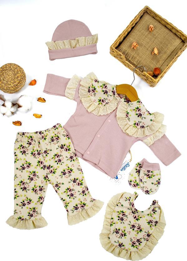 Kız Bebek Natural Pamuk Kumaş 5 Li Fistolu Lüks Süslü Hastane Çıkışı Seti STL6676 - Image 1
