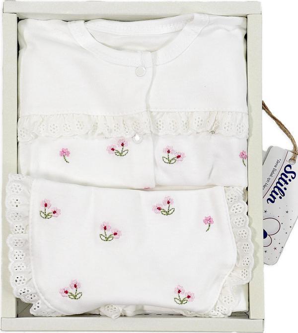 Kız Bebek Natural Pamuk Kumaş 5 Li işlemeli Lüks Hastane Çıkışı Seti STL6680 - Image 1
