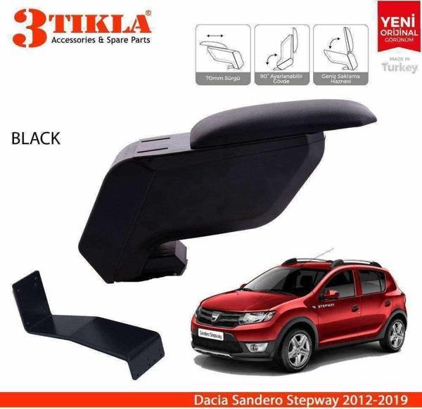 3 Tıkla Dacia Sandero Stepway 2012-2019 Delmesiz Çelik Ayaklı Siyah Kolçak Kol Dayama - Image 1