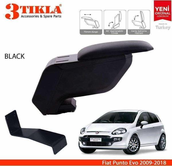 3 Tıkla Fiat Punto Evo 2009-2018 Delmesiz Çelik Ayaklı Siyah Kolçak Kol Dayama - Image 1