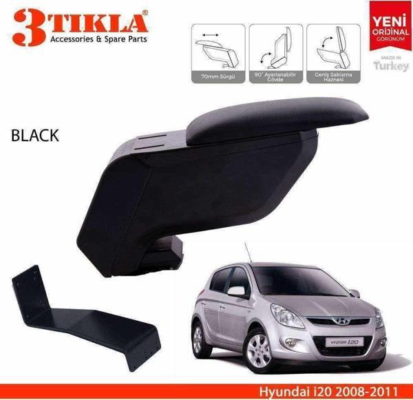 3 Tıkla Hyundai i20 2008-2015 Delmesiz Çelik Ayaklı Siyah Kolçak Kol Dayama - Image 1