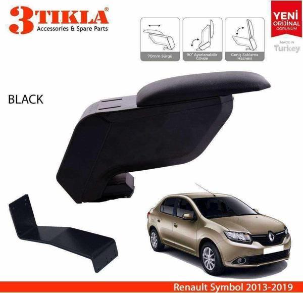 3 Tıkla Renault Symbol 2013-2019 Delmesiz Çelik Ayaklı Siyah Kolçak Kol Dayama - Image 1