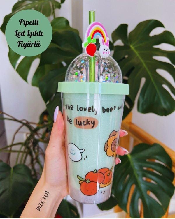 Adm Store Figürlü Mika Su Şişesi Party Yeşil Led Işıklı 450 ML Çift Katman Pipetli Suluk 2092 - Image 1