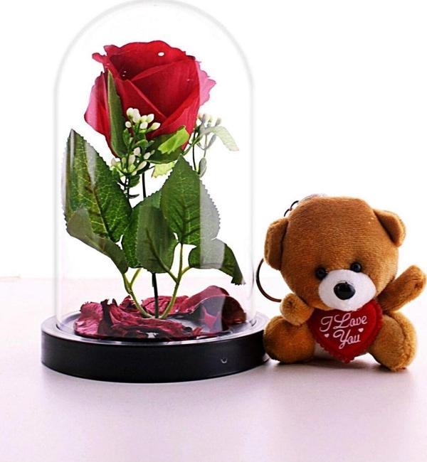 Adm Store Sevgiliye Eşe Sürpriz Hediye Fanusta Kırmızı Gül Ve Mini Ayıcık Set Sevgiliye Hediye - Image 1