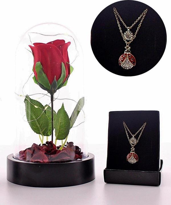 Adm Store Sevgiliye Özel Günlere Hediye Fanusta Led Işıklı Kırmızı Gül Ve Uğur Böceği Kolye Seti Mika Fanus - Image 1