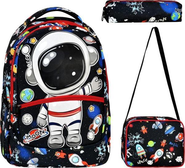 3'lü Okul Seti, Astronot Desenli Ilkokul Çantası + Beslenme Çantası + Kalemlik - Image 1