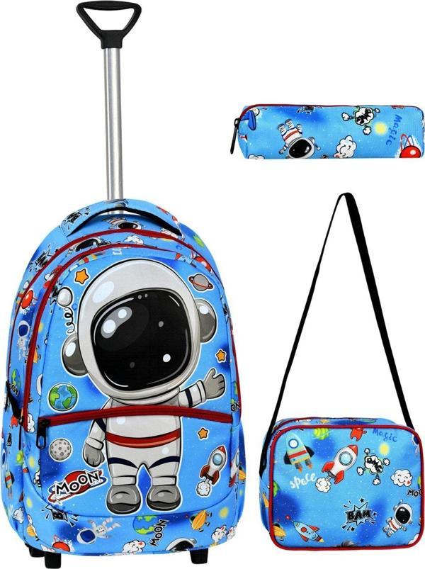 Çekçekli 3'lü Okul Seti, Astronot Desenli İlkokul Çantası + Beslenme Çantası + Kalemlik - Image 1