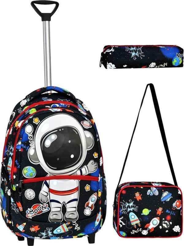 Çekçekli 3'lü Okul Seti, Astronot Desenli İlkokul Çantası + Beslenme Çantası + Kalemlik - Image 1