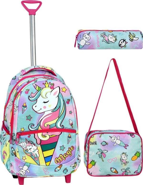 Çekçekli 3'lü Okul Seti, Unicorn Desenli İlkokul Çantası + Beslenme Çantası + Kalemlik - Image 1