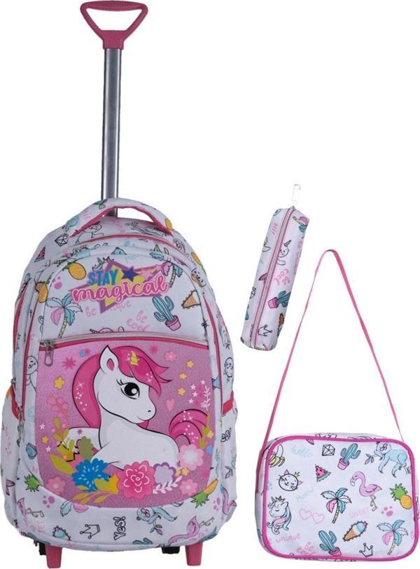 Çekçekli 3'lü Okul Seti, Unicorn Desenli Ilkokul Çantası Beslenme Çantası Kalemlik - Image 1