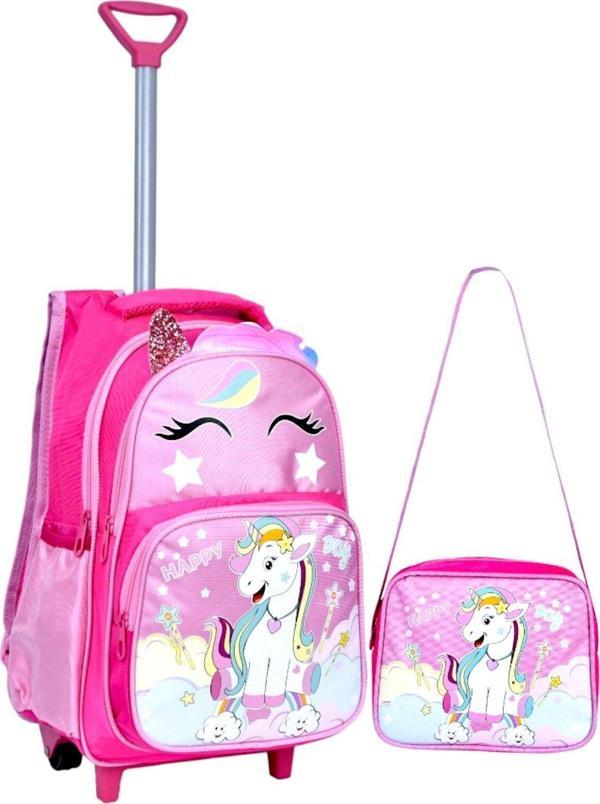 Çekçekli Pembe Unicorn Baskılı, Ortopedik Sırt Özellikli, İlkokul Çantası + Beslenme Çantası - Image 1