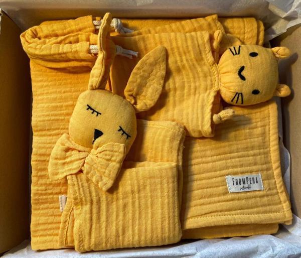 Bebek Müslin Set %100 Pamuk, 5 Parça, Battaniye,Yaka Bezi,Müslin Uyku Arkadaşı,Büzgülü Kese - Image 1