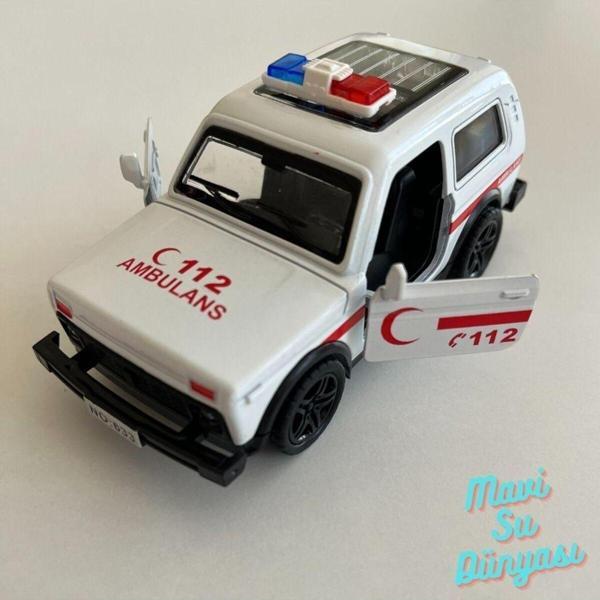 mavisudünyası Çek Bırak Araba Küçük Boy Çelik Beyaz 112 Ambulans Arabası 1:36 - Image 1