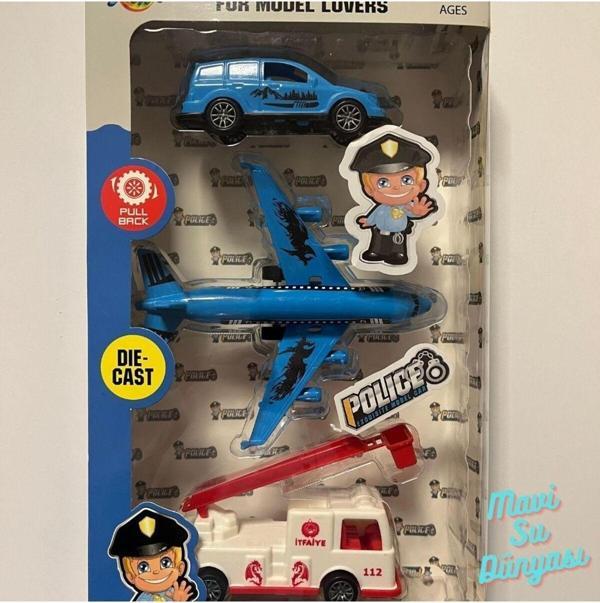 mavisudünyası Polis Araç Seti Araba Uçak ve Minibüs 3lü Çek Bırak Araç Set- Mavi Su Dünyası - Image 1