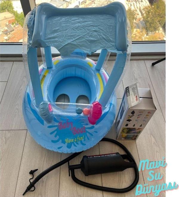 mavisudünyası Pompa Hediyeli Gölgelikli Mavi Renk Bebek Deniz Simidi, Bebek Havuz Simidi, 0-3 Yaş 71cm*60cm - Image 1