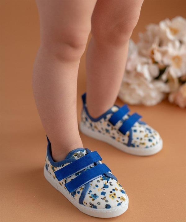 Çiçek Desenli Çift Cırtlı Keten Spor Çocuk Ayakkabısı-SAKS-F-498 - Image 1