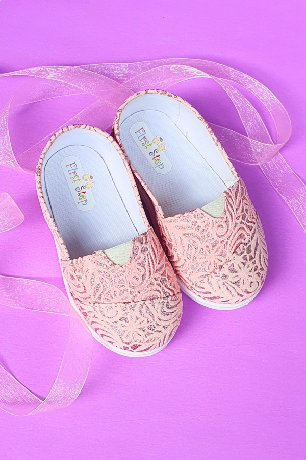 Çiçek Desenli Keten Kız Bebek Babet Ayakkabı-PEMBE-F-485 - Image 1