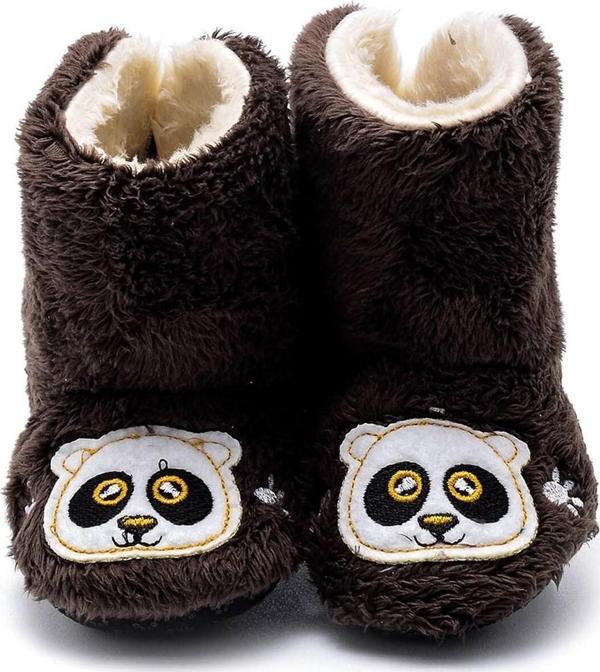 Panda Nakışlı Kürklü Kahverengi Ev Botu-F-825 - Image 1