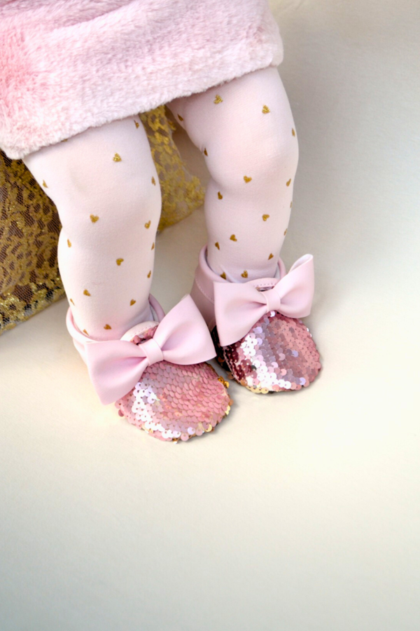 Pembe Gold Pul Payetli Fiyonklu Kız Bebek Babet Patik G-2366 - Image 1