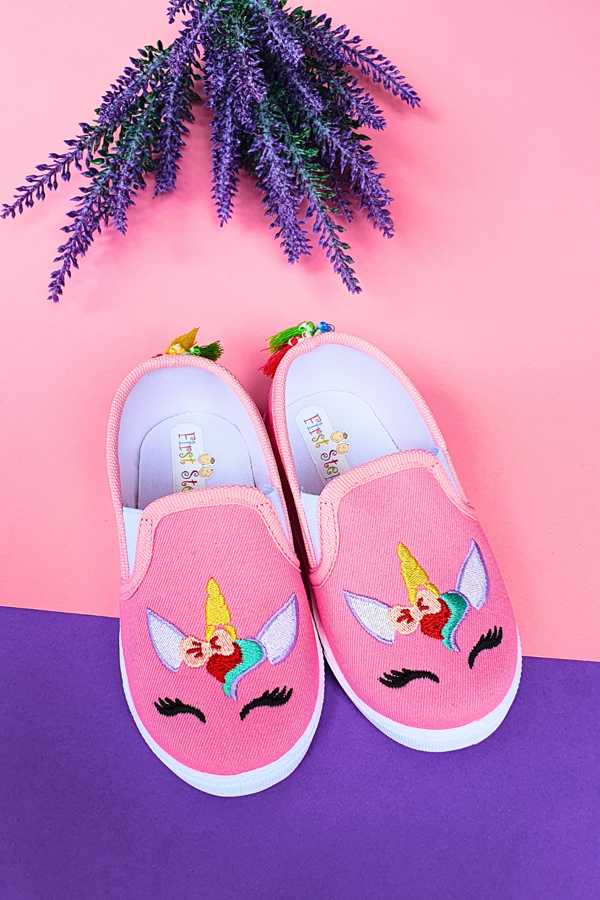 Unicorn Nakışlı Çocuk Keten Babet Ayakkabı-Pembe-F-492 - Image 1
