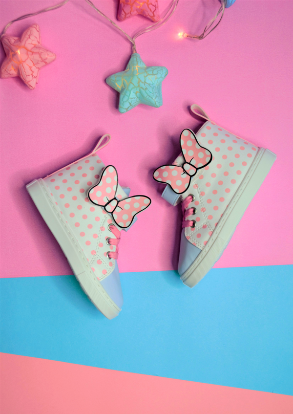 Pembe Puantiye Desenli Kurdele Detaylı Cırt Cırtlı Lastikli Kız Çocuk Sneaker Spor Ayakkabı-S-1005 - Image 1