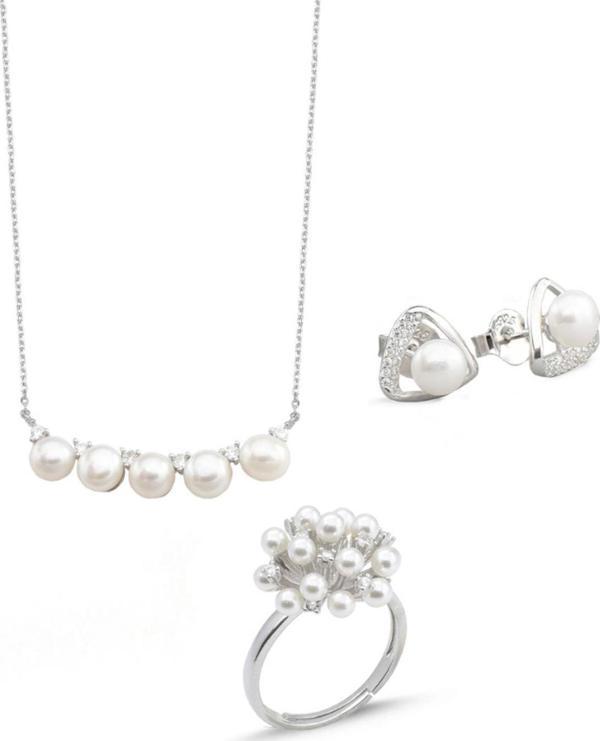 Special Luxury Pearl Kadın Gümüş Kolye Küpe Yüzük İnci Set - Image 1