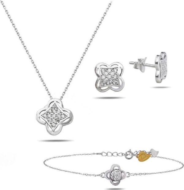 Swarovski Taşlı Elegant Yonca Kadın Gümüş Kolye Küpe Bileklik Set - Image 1
