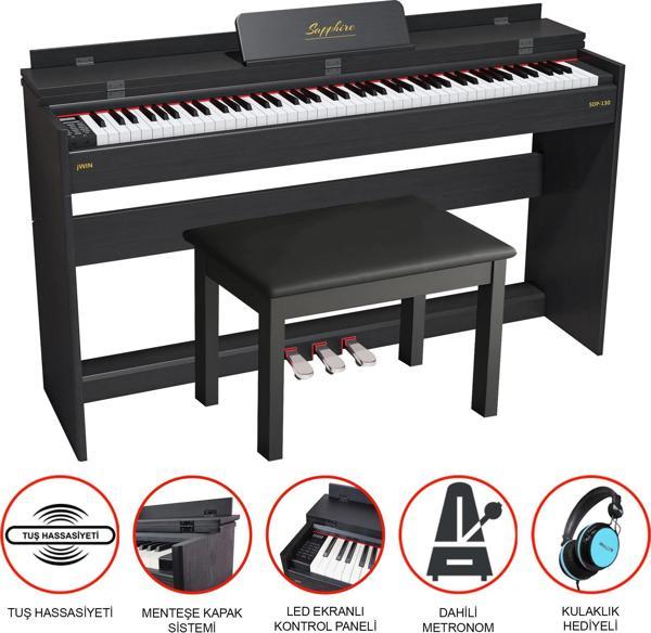 Jwin Sapphire SDP-130  Siyah Tuş Hassasiyetli 88 Tuşlu Kapaklı Dijital Piyano Tabure+ Kulaklık - Image 1