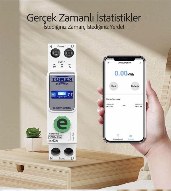 Tomzn Akıllı Voltaj ve Akım Koruma Rölesi, WiFi Özellikli Dahili Enerji Ölçer 63A eWelink Uyumlu - Image 1